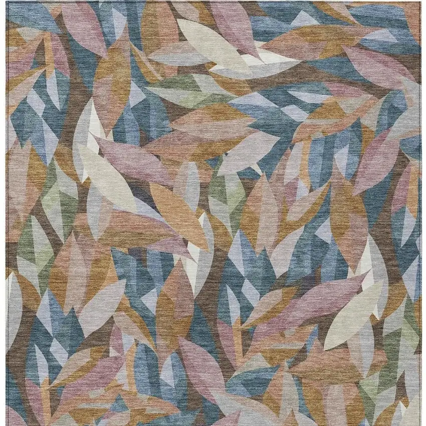 Copper And Blue Floral Washable Indoor Outdoor Area Rug Photo 3