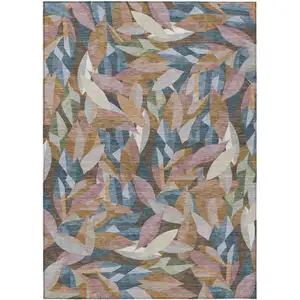 Photo of Copper And Blue Floral Washable Indoor Outdoor Area Rug