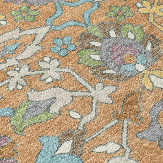 Copper And Blue Floral Washable Indoor Outdoor Area Rug Photo 5