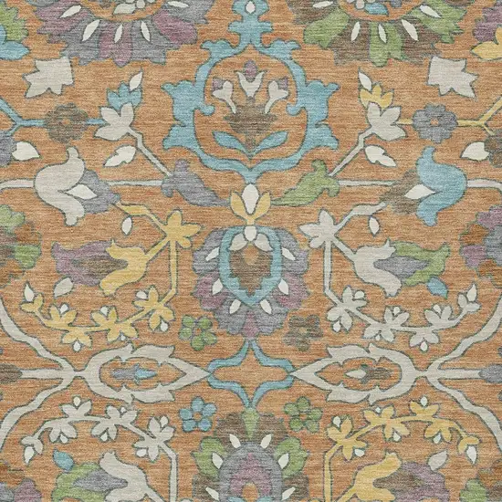Copper And Blue Floral Washable Indoor Outdoor Area Rug Photo 2