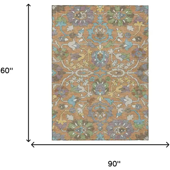 Copper And Blue Floral Washable Indoor Outdoor Area Rug Photo 6