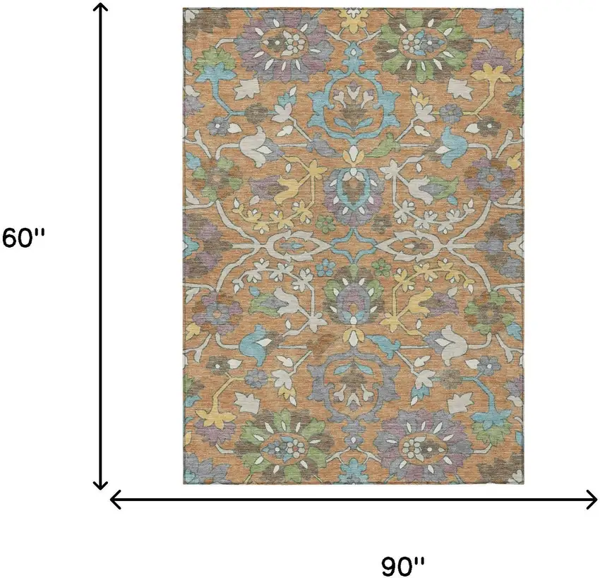 Copper And Blue Floral Washable Indoor Outdoor Area Rug Photo 6