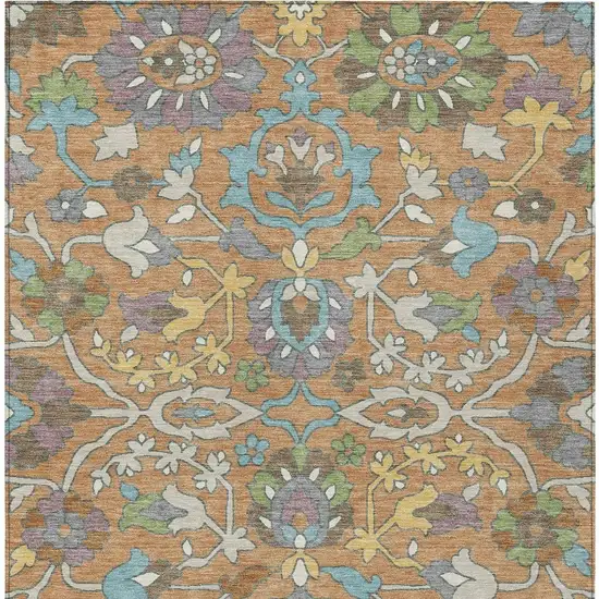 Copper And Blue Floral Washable Indoor Outdoor Area Rug Photo 3