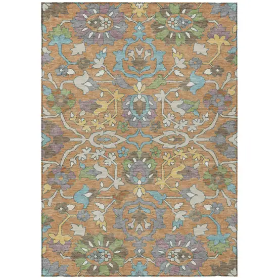 Copper And Blue Floral Washable Indoor Outdoor Area Rug Photo 1