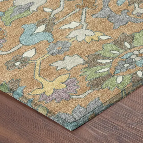 Copper And Blue Floral Washable Indoor Outdoor Area Rug Photo 4