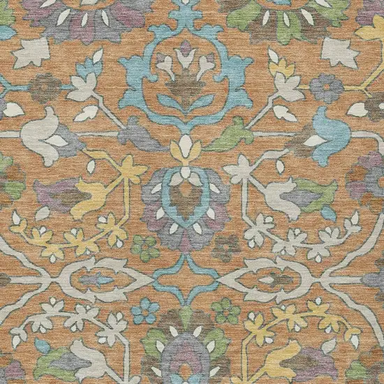 Copper And Blue Floral Washable Indoor Outdoor Area Rug Photo 2