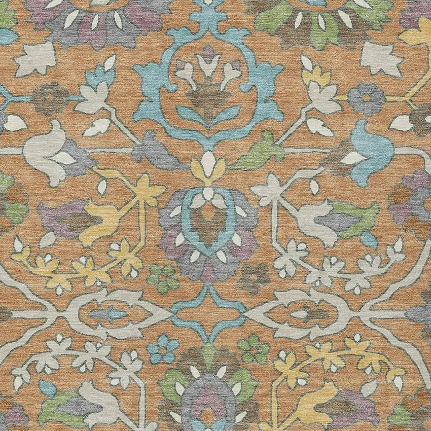 Copper And Blue Floral Washable Indoor Outdoor Area Rug Photo 2