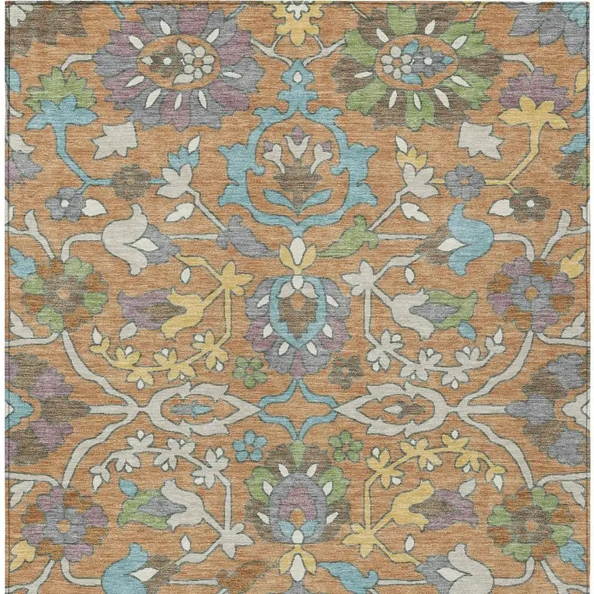 Copper And Blue Floral Washable Indoor Outdoor Area Rug Photo 3