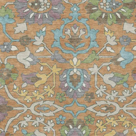Copper And Blue Floral Washable Indoor Outdoor Area Rug Photo 2