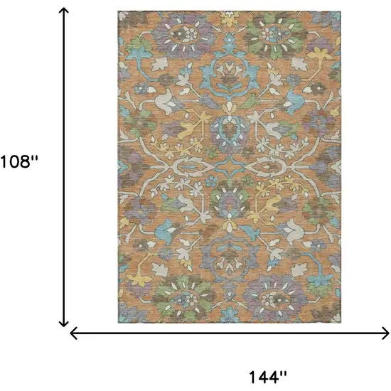 Copper And Blue Floral Washable Indoor Outdoor Area Rug Photo 6
