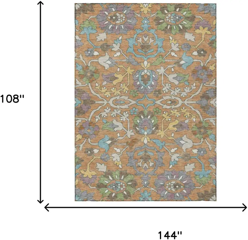 Copper And Blue Floral Washable Indoor Outdoor Area Rug Photo 6