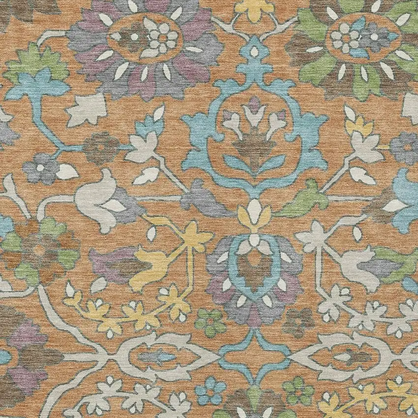 Copper And Blue Floral Washable Indoor Outdoor Area Rug Photo 2