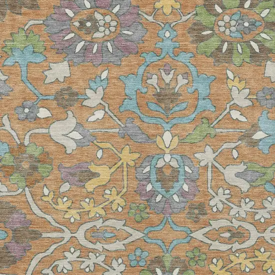 Copper And Blue Floral Washable Indoor Outdoor Area Rug Photo 2