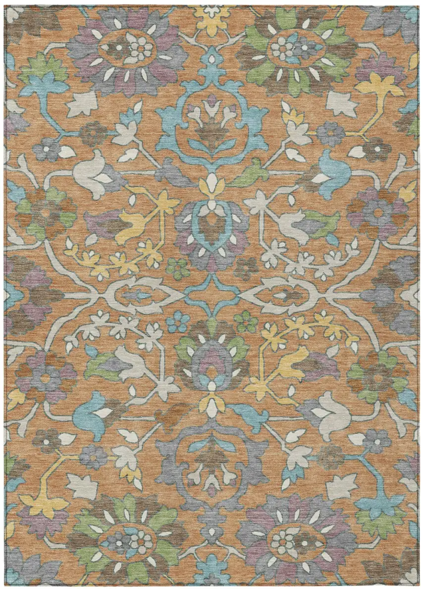 Copper And Blue Floral Washable Indoor Outdoor Area Rug Photo 1