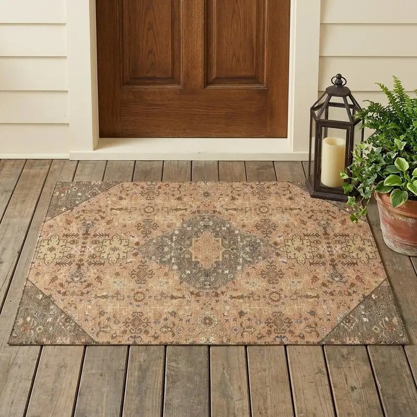 Copper And Blue Medallion Washable Indoor Outdoor Area Rug Photo 1