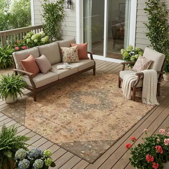 Copper And Blue Medallion Washable Indoor Outdoor Area Rug Photo 1