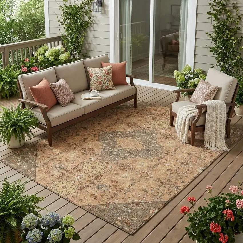 Copper And Blue Medallion Washable Indoor Outdoor Area Rug Photo 1