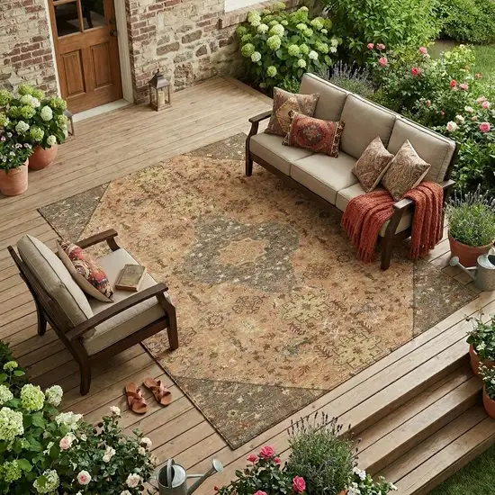Copper And Blue Medallion Washable Indoor Outdoor Area Rug Photo 1