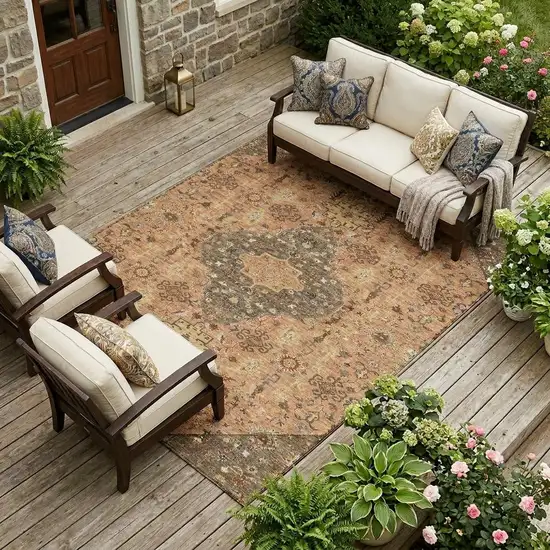 Copper And Blue Medallion Washable Indoor Outdoor Area Rug Photo 1