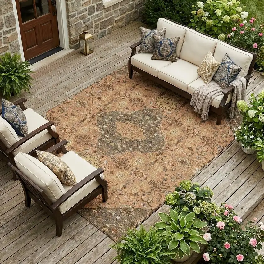 Copper And Blue Medallion Washable Indoor Outdoor Area Rug Photo 1
