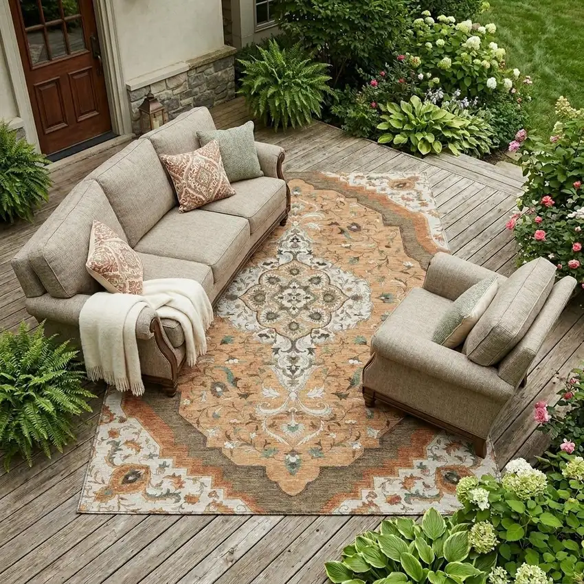 Copper And Blue Medallion Washable Indoor Outdoor Area Rug Photo 1