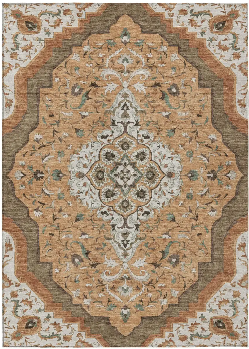 Copper And Blue Medallion Washable Indoor Outdoor Area Rug Photo 2
