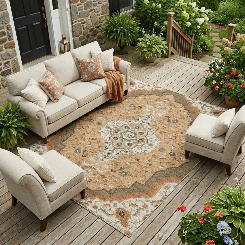 Copper And Blue Medallion Washable Indoor Outdoor Area Rug Photo 1