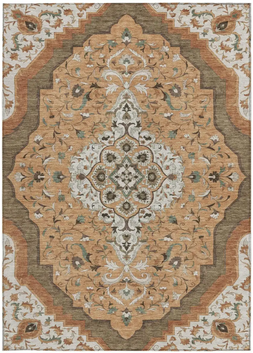 Copper And Blue Medallion Washable Indoor Outdoor Area Rug Photo 4