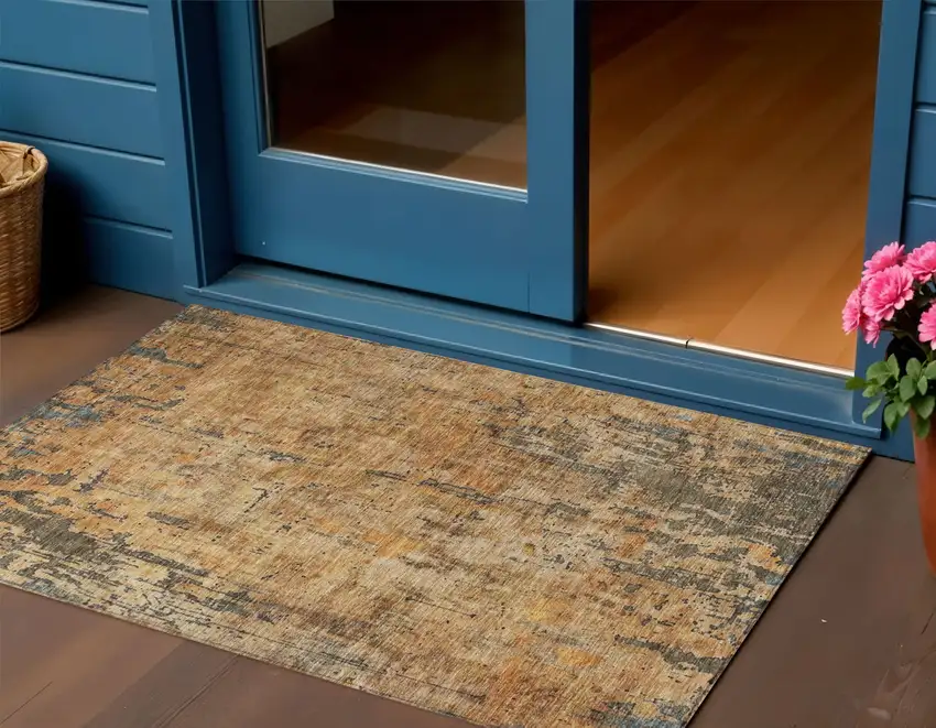 Copper And Brown Abstract Washable Indoor Outdoor Area Rug Photo 1