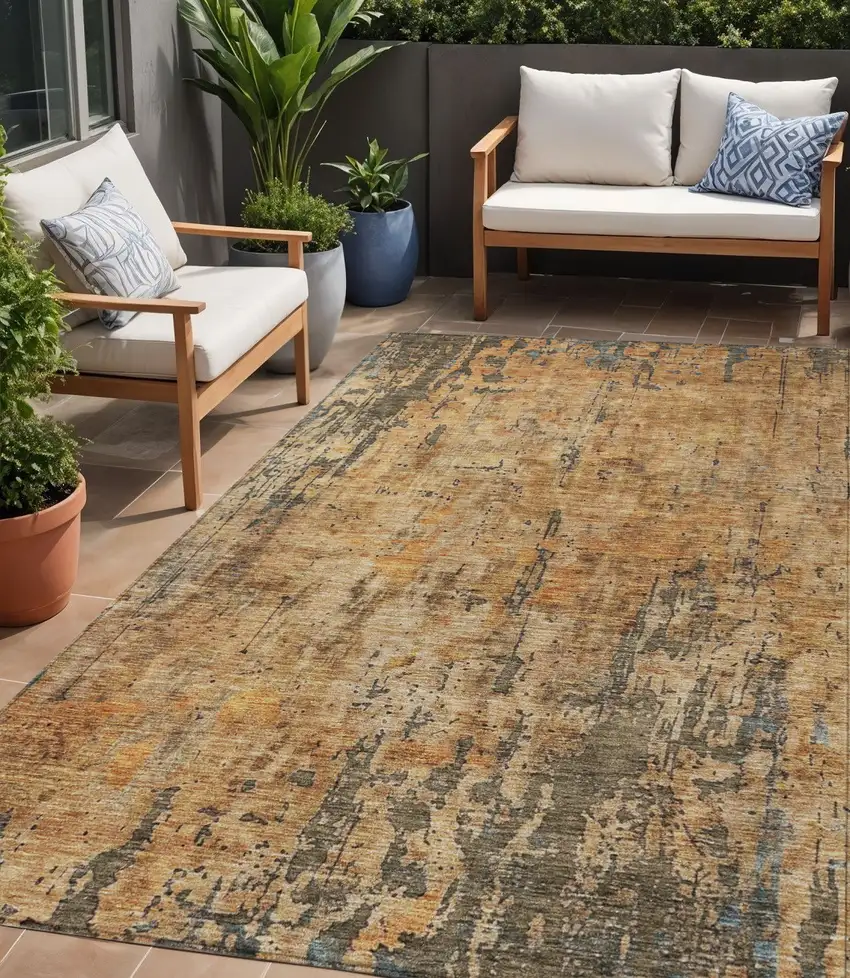 Copper And Brown Abstract Washable Indoor Outdoor Area Rug Photo 1