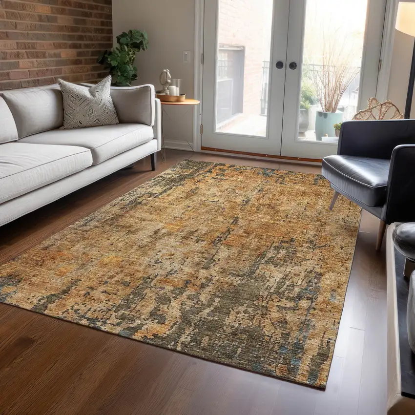 Copper And Brown Abstract Washable Indoor Outdoor Area Rug Photo 9