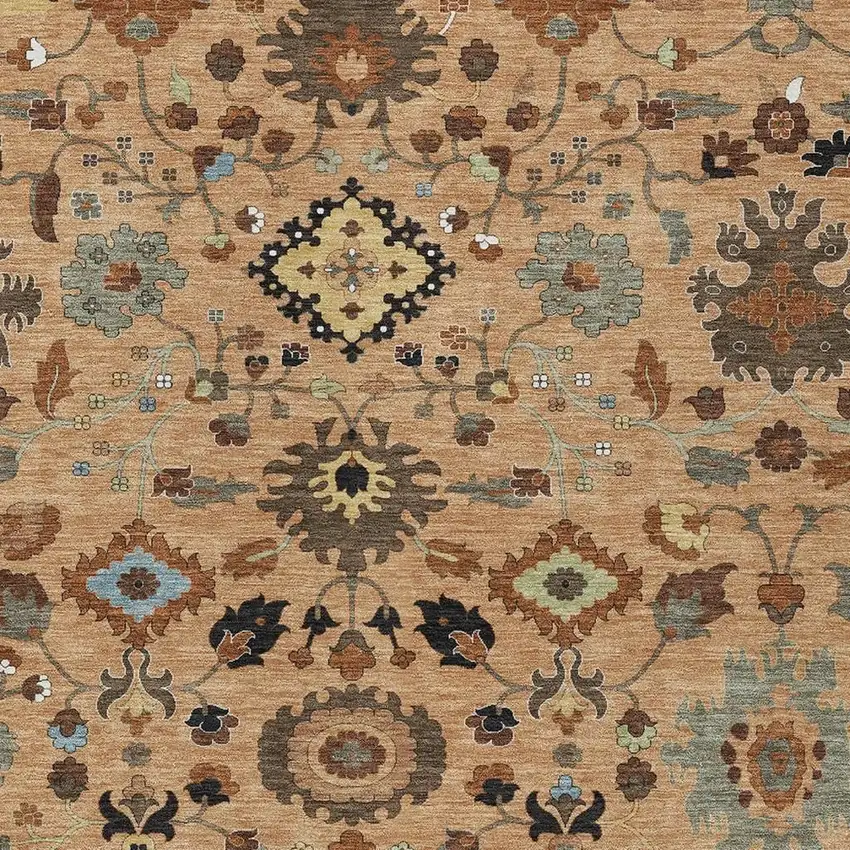 Copper And Brown Floral Medallion Washable Indoor Outdoor Area Rug Photo 2