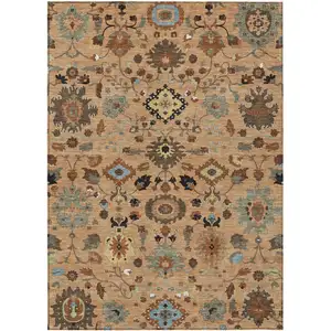 Photo of Copper And Brown Floral Medallion Washable Indoor Outdoor Area Rug