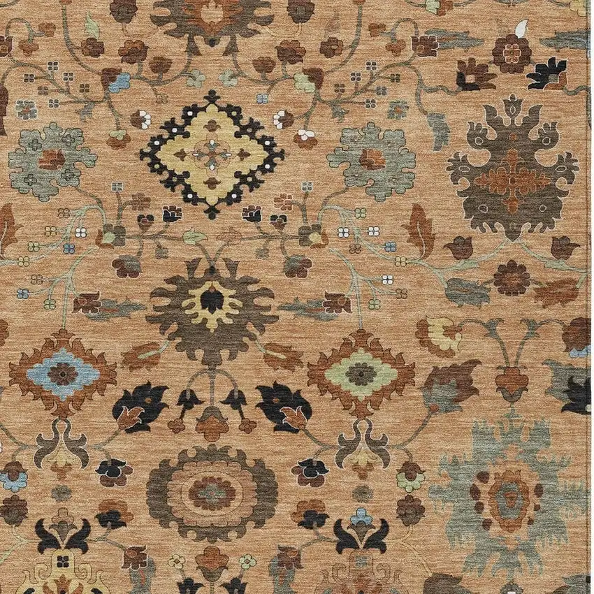 Copper And Brown Floral Medallion Washable Indoor Outdoor Area Rug Photo 2