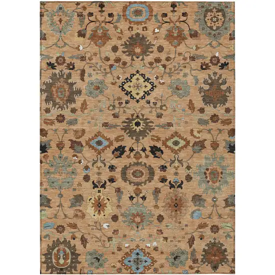 Copper And Brown Floral Medallion Washable Indoor Outdoor Area Rug Photo 1