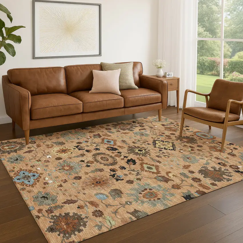 Copper And Brown Floral Medallion Washable Indoor Outdoor Area Rug Photo 5