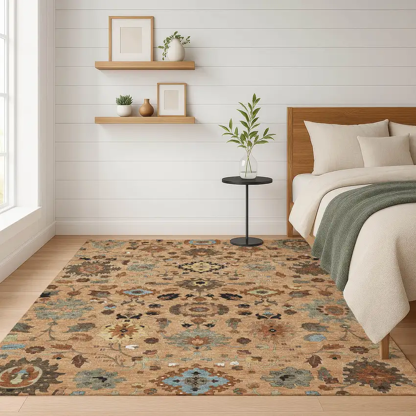 Copper And Brown Floral Medallion Washable Indoor Outdoor Area Rug Photo 6