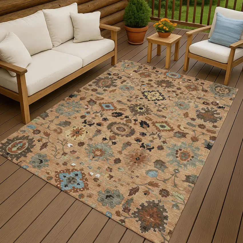 Copper And Brown Floral Medallion Washable Indoor Outdoor Area Rug Photo 4