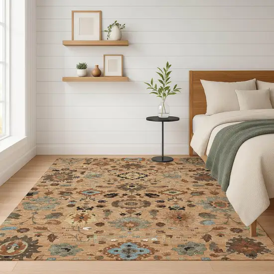 Copper And Brown Floral Medallion Washable Indoor Outdoor Area Rug Photo 6