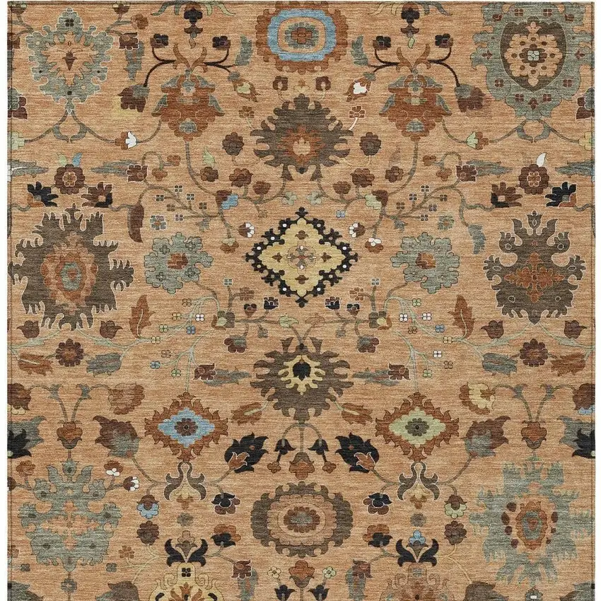 Copper And Brown Floral Medallion Washable Indoor Outdoor Area Rug Photo 3
