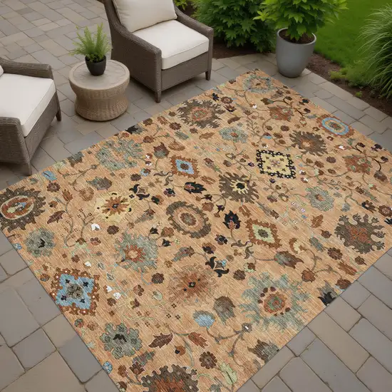 Copper And Brown Floral Medallion Washable Indoor Outdoor Area Rug Photo 7