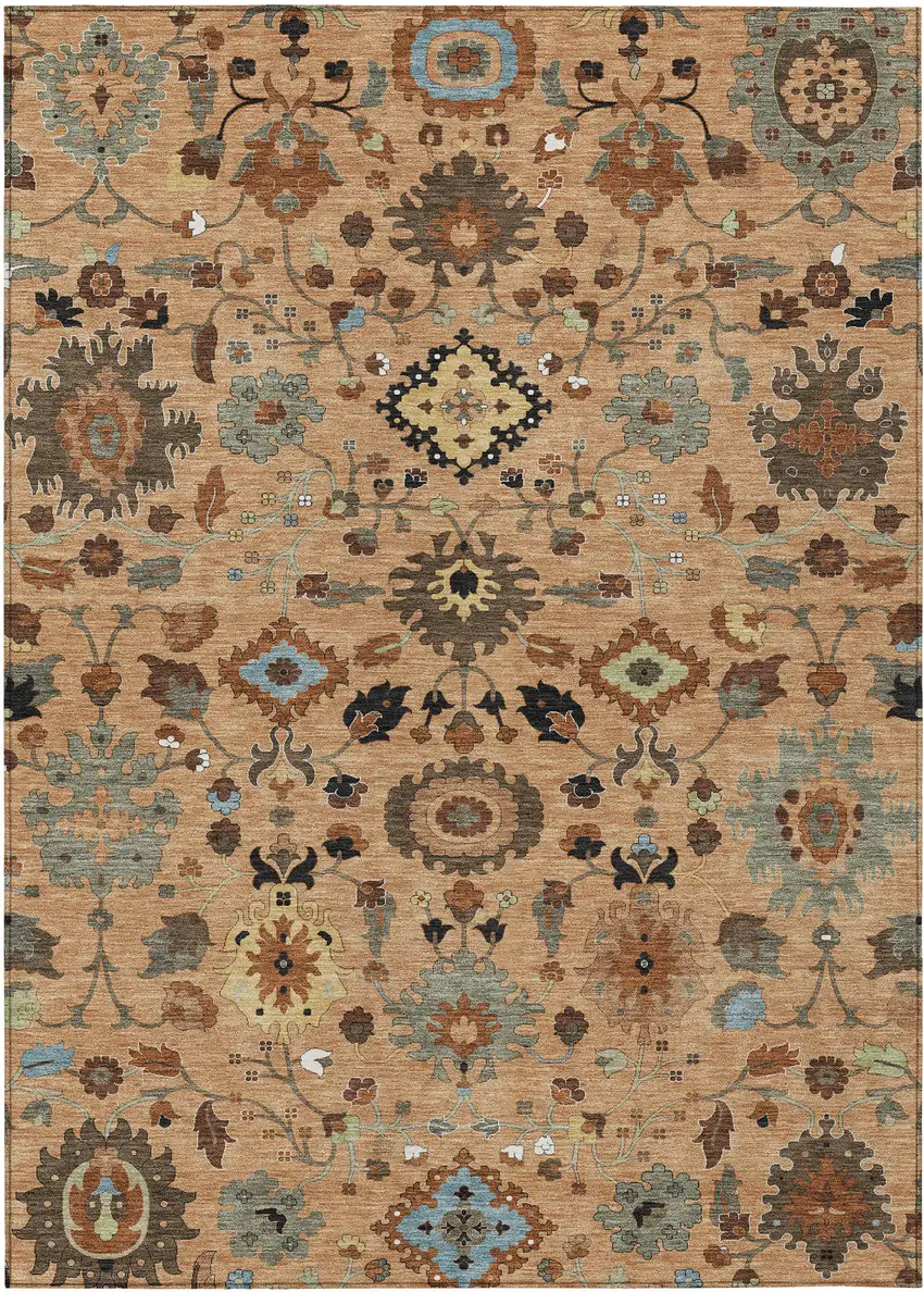 Copper And Brown Floral Medallion Washable Indoor Outdoor Area Rug Photo 1