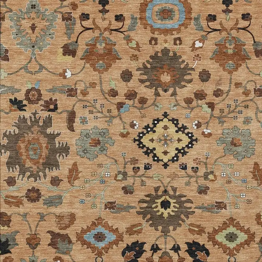 Copper And Brown Floral Medallion Washable Indoor Outdoor Area Rug Photo 2