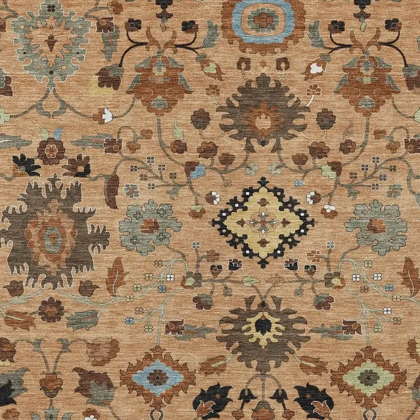 Copper And Brown Floral Medallion Washable Indoor Outdoor Area Rug Photo 2
