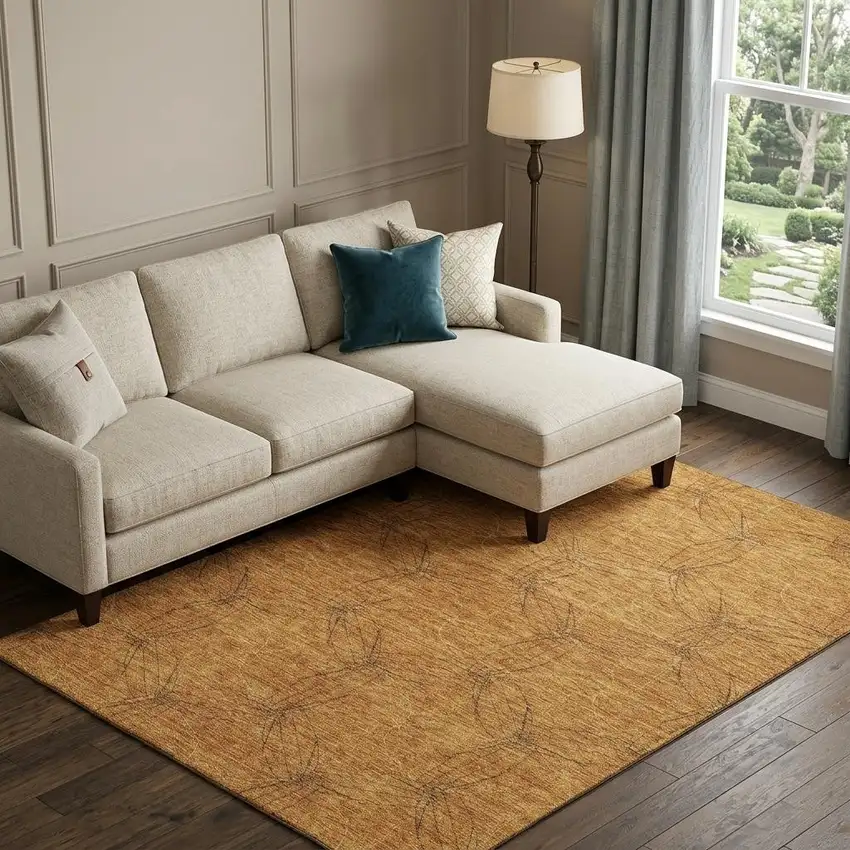Copper And Brown Geometric Washable Area Rug With UV Protection Photo 1
