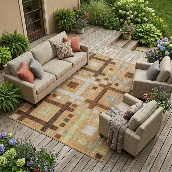 Copper And Brown Geometric Washable Indoor Outdoor Area Rug Photo 1