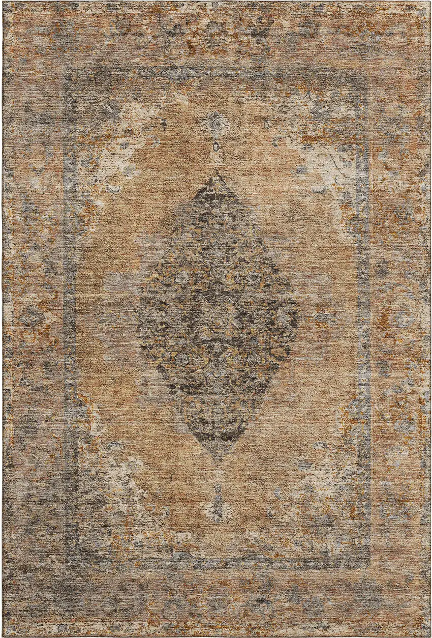 Copper And Brown Medallion Washable Area Rug With UV Protection Photo 1