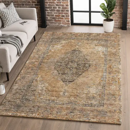 Copper And Brown Medallion Washable Area Rug With UV Protection Photo 4