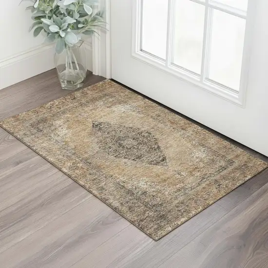 Copper And Brown Medallion Washable Area Rug With UV Protection Photo 2