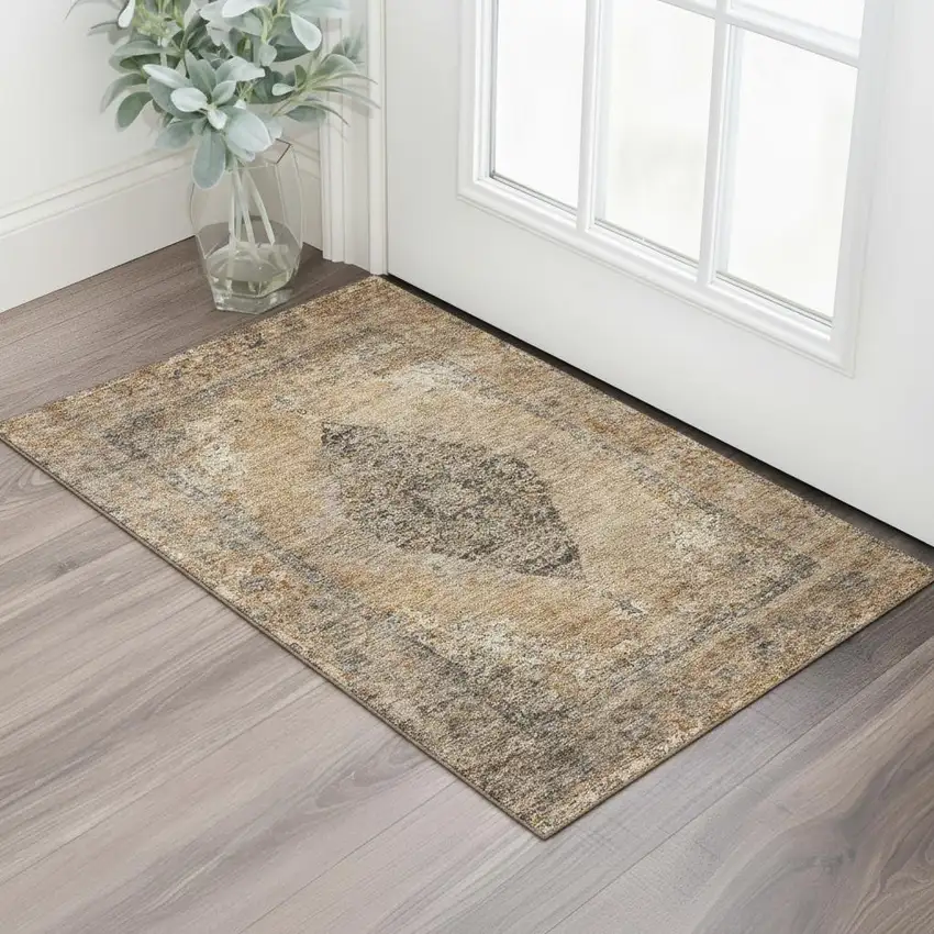 Copper And Brown Medallion Washable Area Rug With UV Protection Photo 2